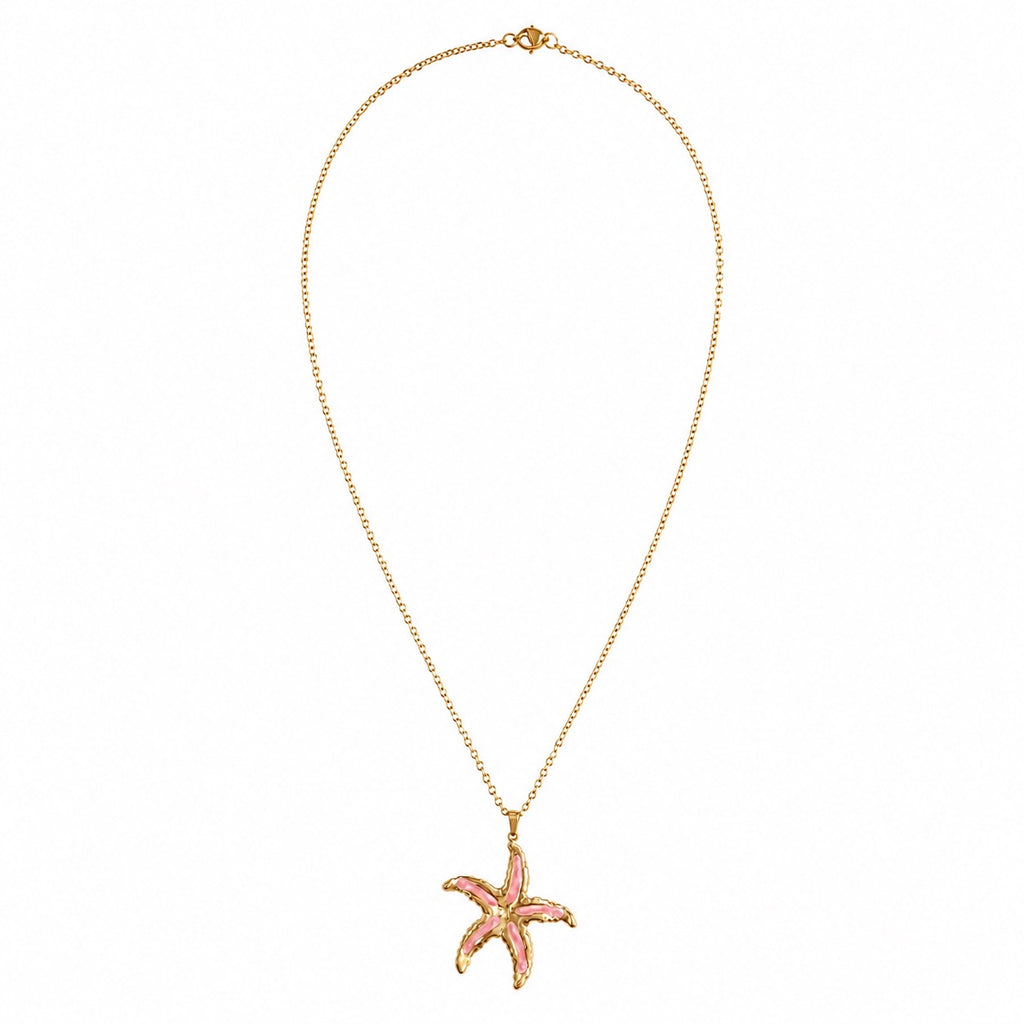 Pastel pink glossy starfish pendant necklace with raised gold-tone details and slim adjustable chain by Browniecherry
