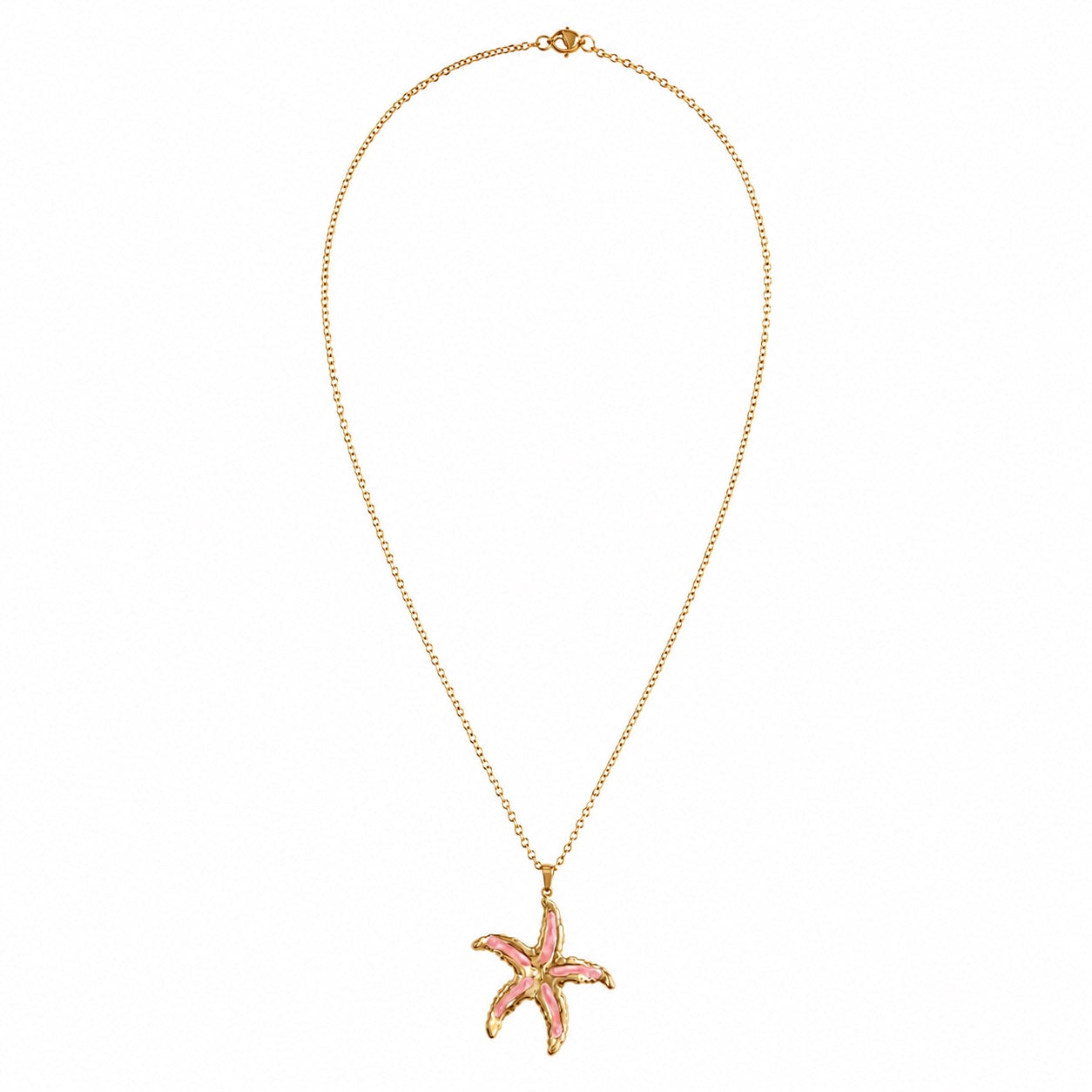 Pastel pink glossy starfish pendant necklace with raised gold-tone details and slim adjustable chain by Browniecherry
