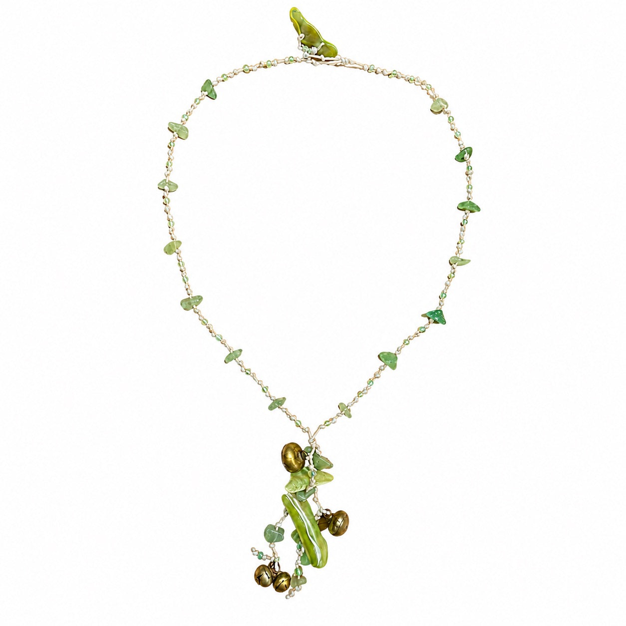 Olive green beaded bohemian charm necklace with irregular beads, hanging decorations, and bronze-tone aluminum bells by Browniecherry
