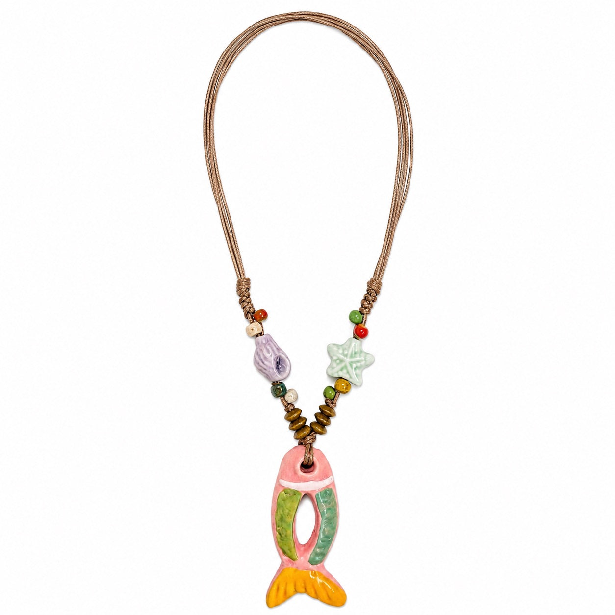 Open-center pastel fish pendant necklace with starfish, seashell beads, colorful accents, and brown cord by Browniecherry
