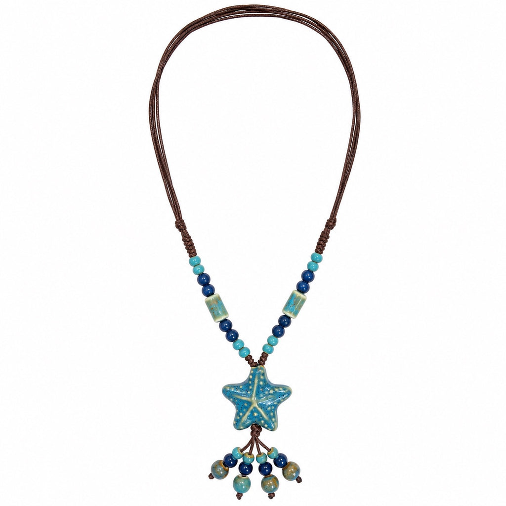 Ocean blue starfish pendant bohemian rope necklace with hanging beads, turquoise accents, and dark brown cord by Browniecherry
