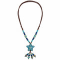 Ocean blue starfish pendant bohemian rope necklace with hanging beads, turquoise accents, and dark brown cord by Browniecherry

