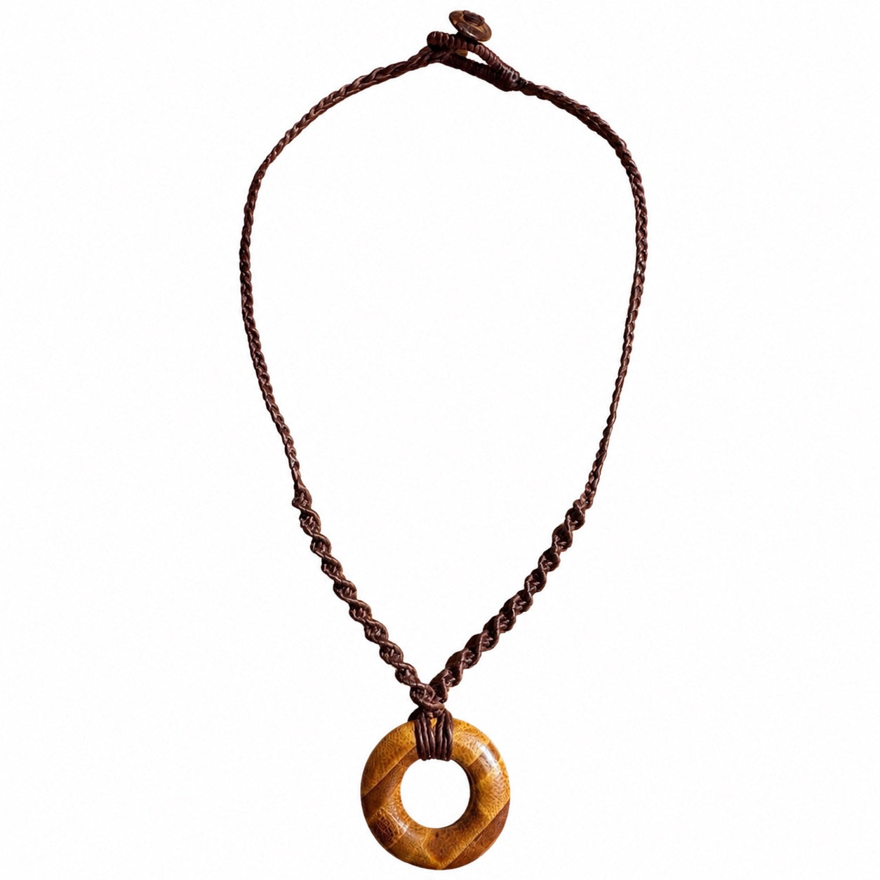 Natural brown wooden ring pendant bohemian necklace with dark brown braided cord and unisex minimalist design by Browniecherry
