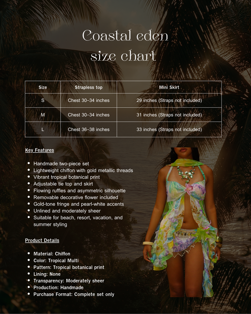 COASTAL EDEN Tropical Chiffon Top, Skirt or Full Set
